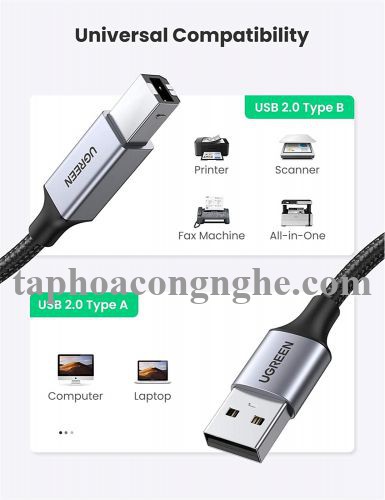 Ugreen 80804 3M đầu nhôm dây bọc lưới chống nhiễu cáp máy in màu Đen 2.0 USB A sang B US369 30080804